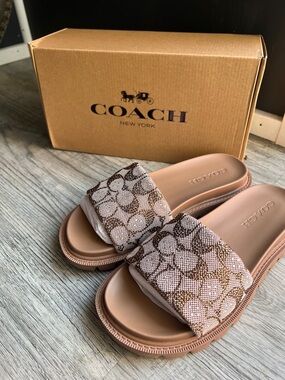 Coach Brynn Crystal Slide Sandals Signature Jacquard Tan Women's SIZE 7